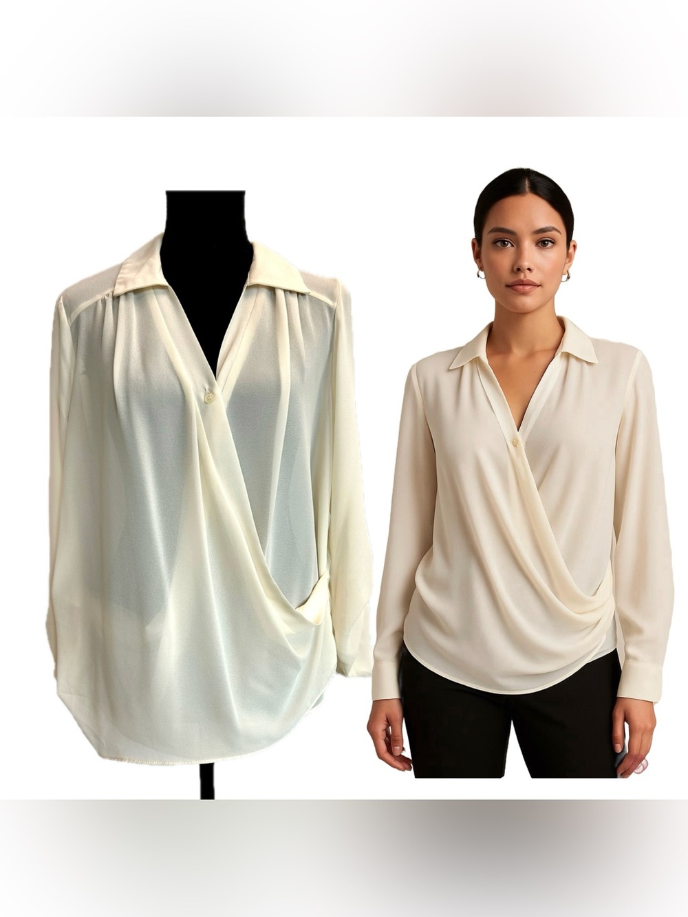 Forever 21 cream Draped wrap Surplice Long-Sleeve Blouse Sz M semi sheer